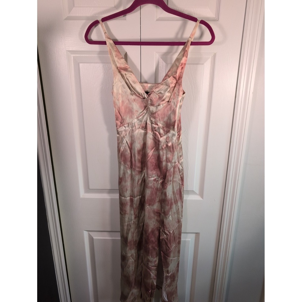 Zara Cream Pink Tie Dye Satin V Neck Front Twist Slit Front Midi Dress Size XS